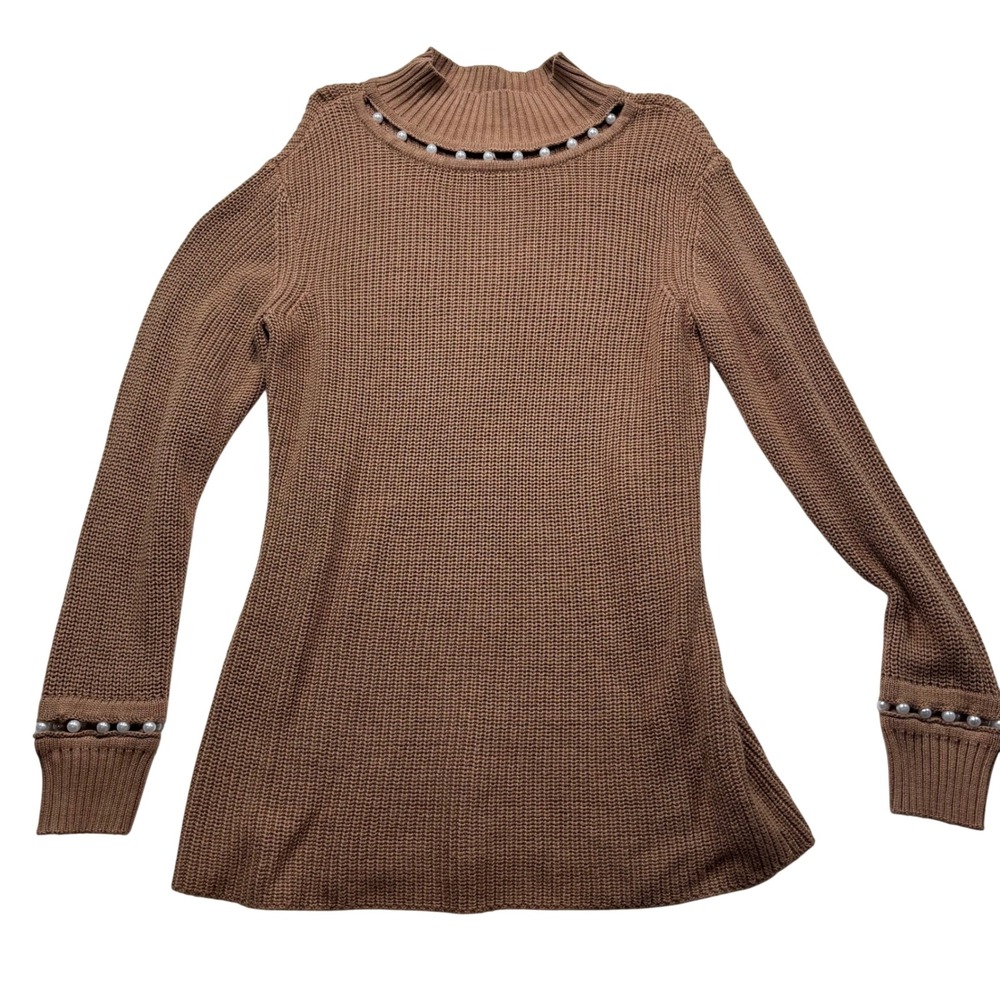 Camel Brown Mock‎ Neck Pearl Embellished Ribbed Knit Long Sleeve Sweater #935